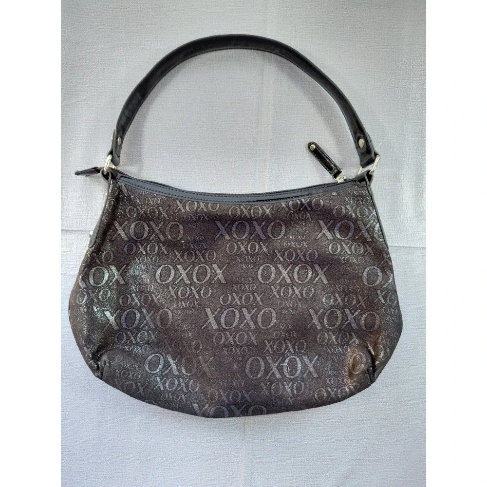 XOXO Hobo Shoulder Bag Black Silver Monogram Faux‎ Patent Leather Biker Goth